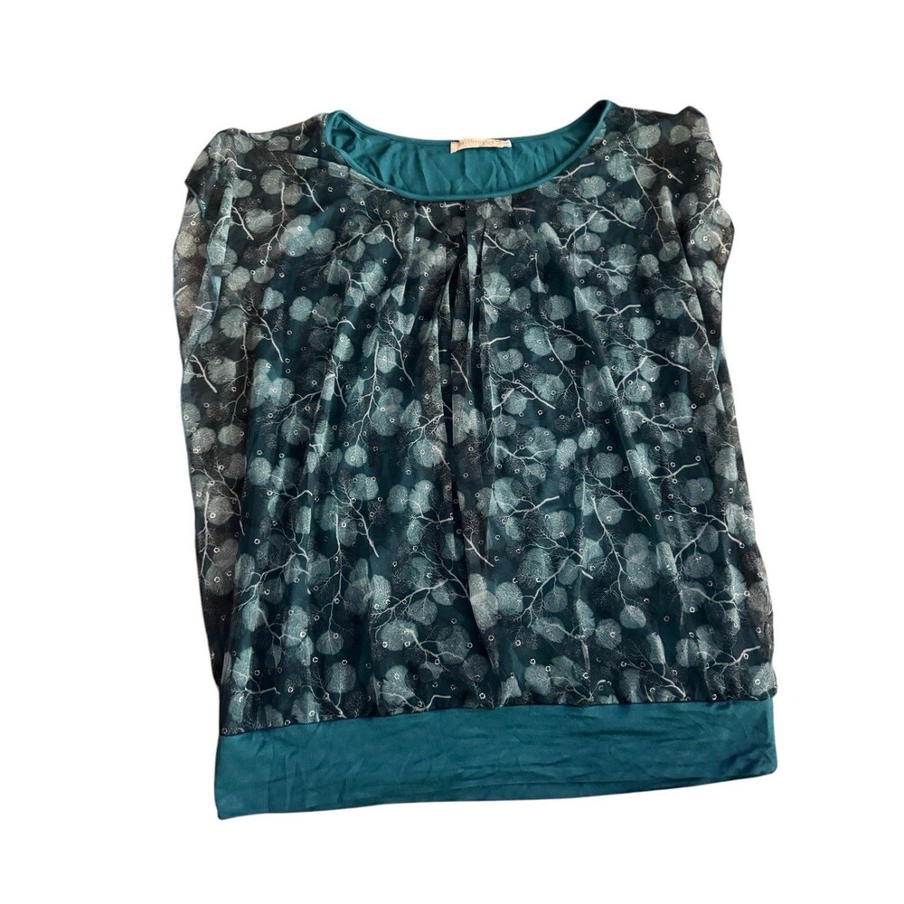 BaishengGT BLOUSE TANK SLEEVE‎ ROUND NECK BLUE FLORAL SHEER TOP XLARGE